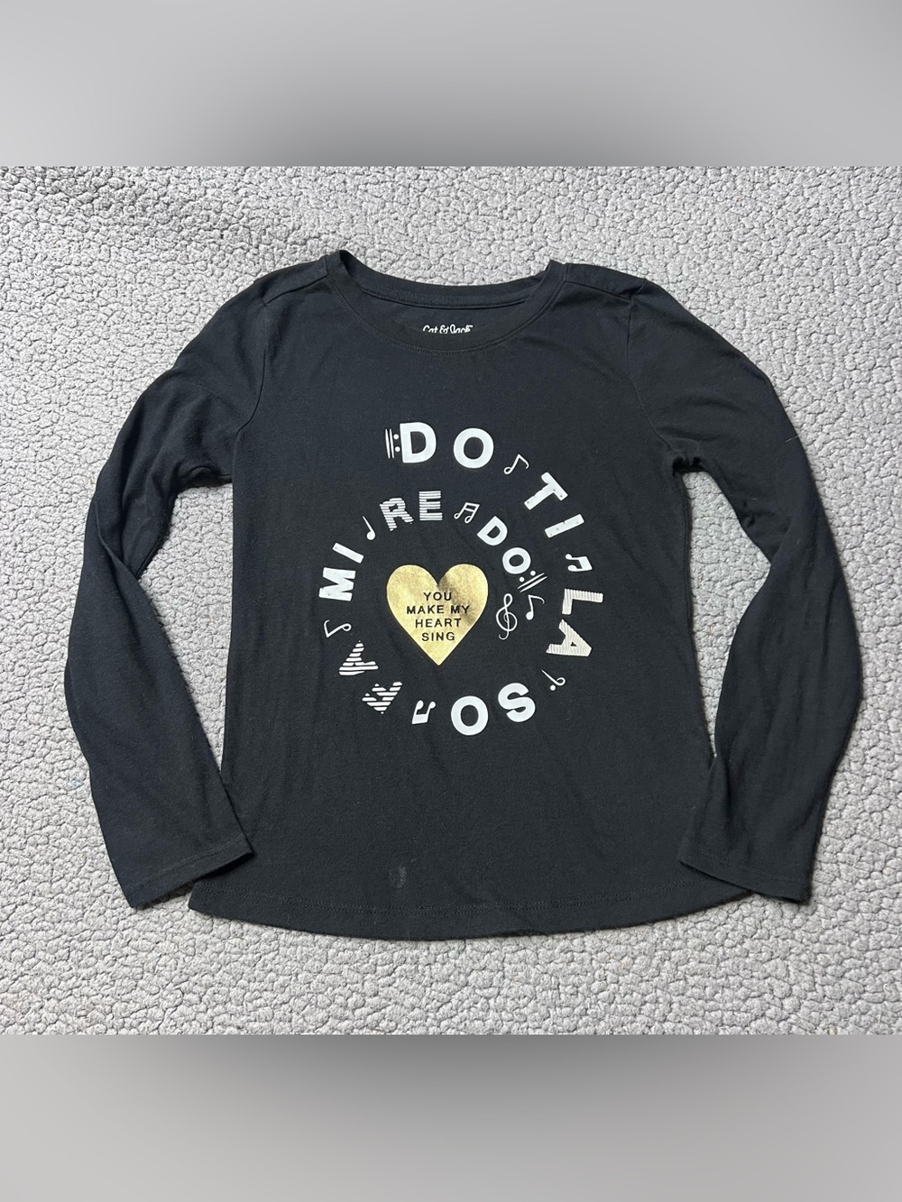 Cat & Jack Girls Black Music Heart Glitter Graphic T-Shirt Long Sleeve M (7/8)